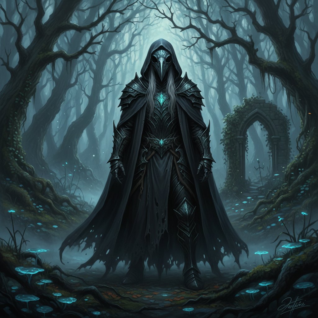 A masked figure in a shadowy, dreamlike environment, representing adult fairy tale themes