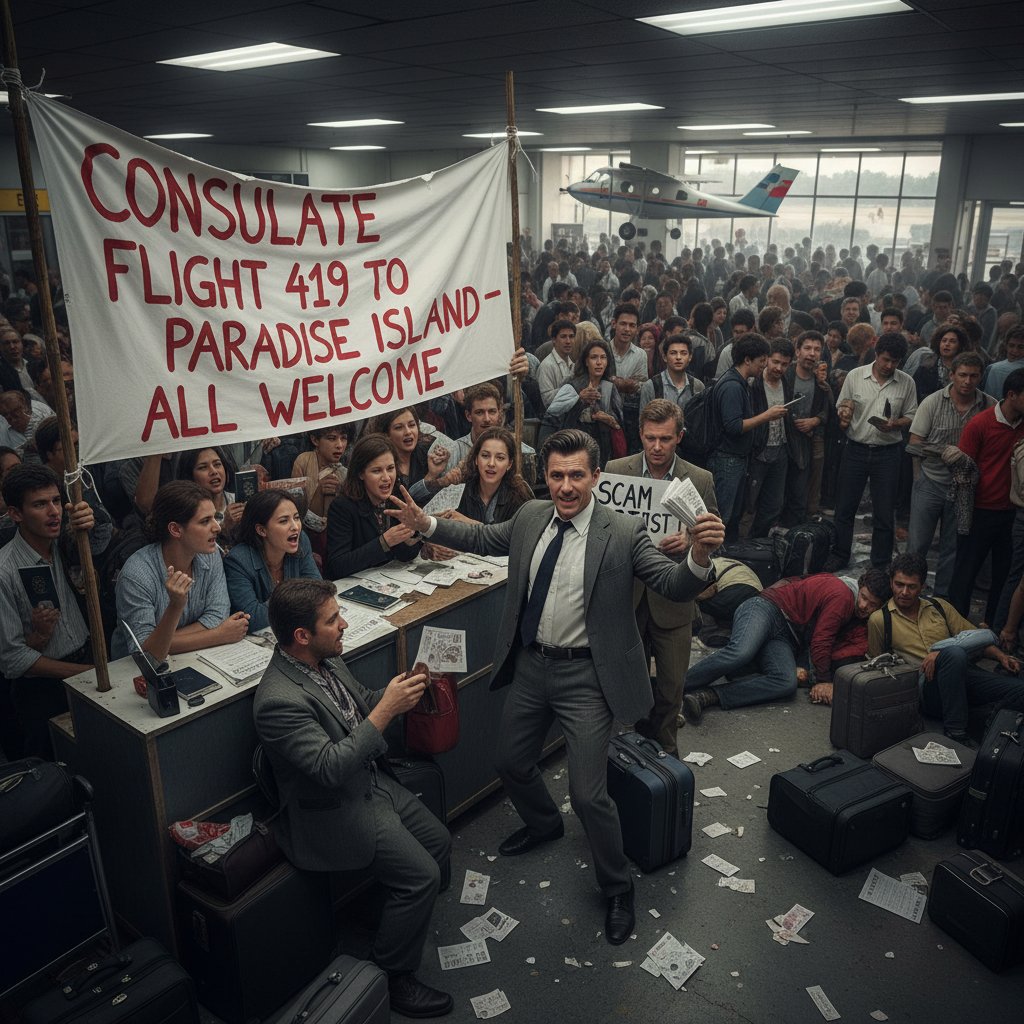 Suspicious individual offering fake consulate flight paperwork at crowded airport