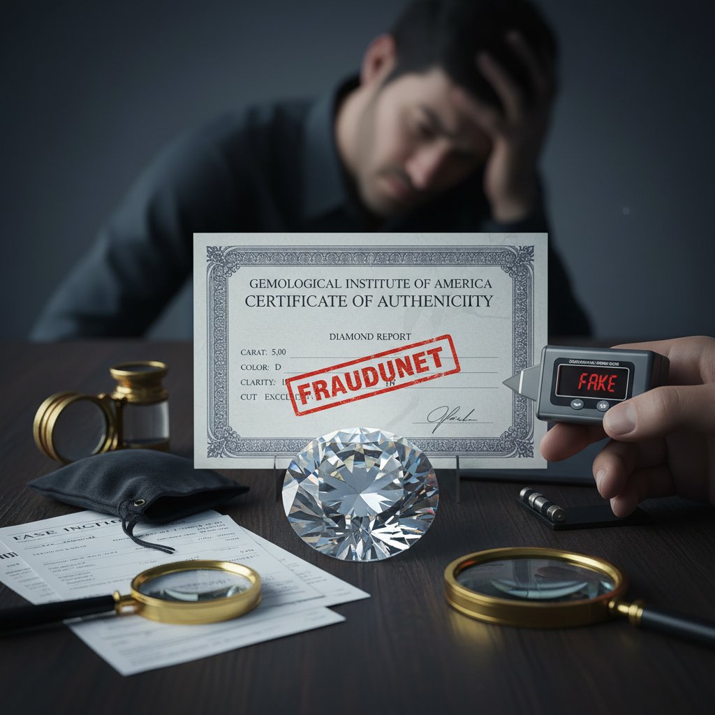 Zbliżenie na podróbkę diamentu oraz specjalistyczny certyfikat autentyczności – realne zagrożenia na rynku kamieni szlachetnych