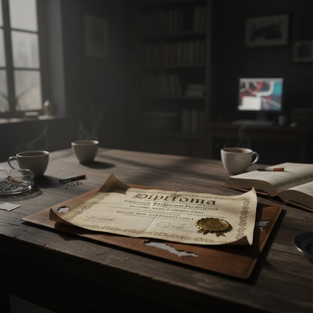 Podróbka dyplomu studiów online na biurku w mrocznym świetle – ostrzeżenie przed fałszywymi uczelniami