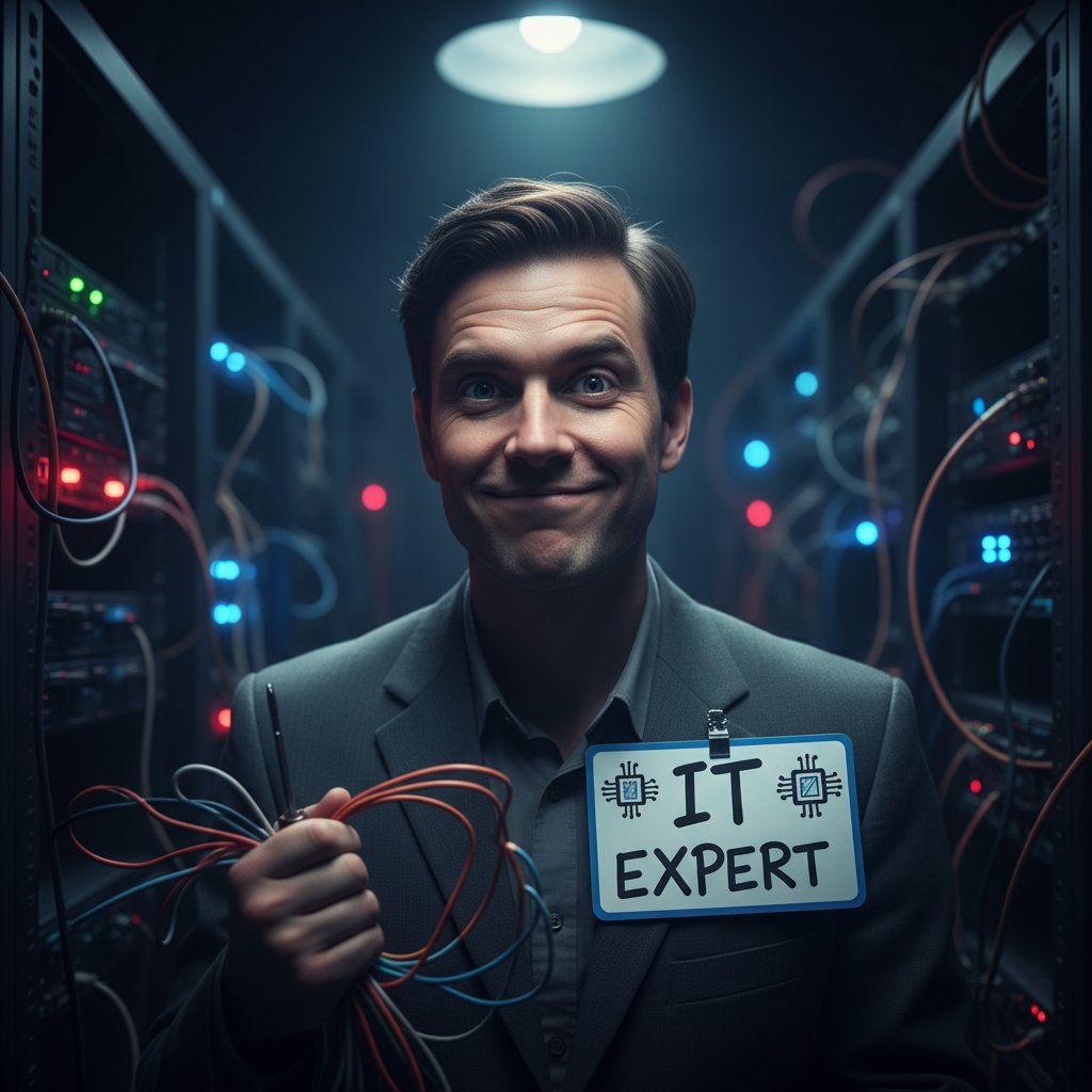 Portret mężczyzny podszywającego się pod eksperta IT, mroczne oświetlenie, podejrzliwy wyraz twarzy