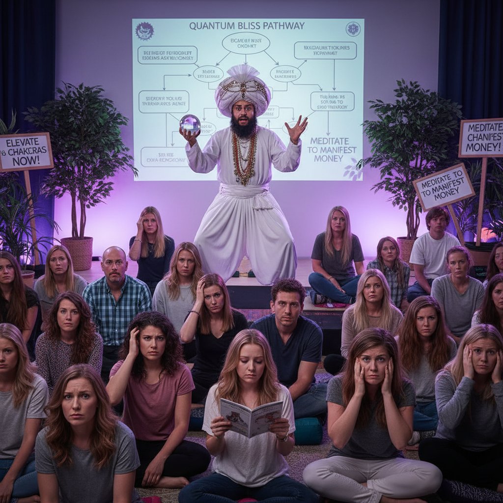 Fałszywy guru podczas prowadzenia kursu, zdezorientowani uczestnicy na sali