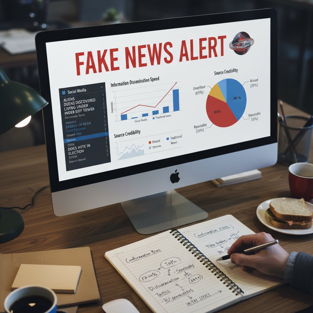 Zbliżenie na ekran komputera z wyświetlonym fake newsem, obok notatnik i dłoń z długopisem analizująca treść