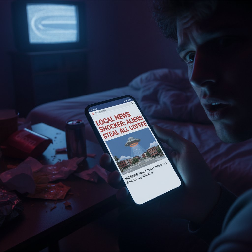 Przykład niebezpiecznego portalu lokalnego – osoba przeglądająca fake newsy na smartfonie w ciemnym pokoju