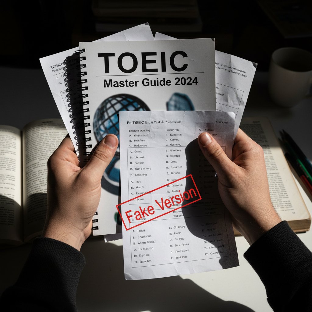 Fałszywe materiały TOEIC w rękach ucznia, zgniecione kartki, dramatyczne światło