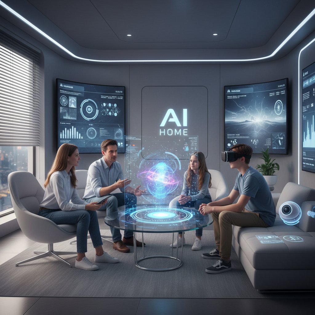 Rodzina korzysta z AI w inteligentnym domu, wspólna rozmowa przy stole, nowoczesne technologie w tle