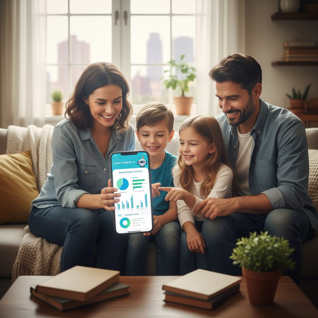 Rodzina analizująca wydatki domowe na smartfonie z aplikacją AI