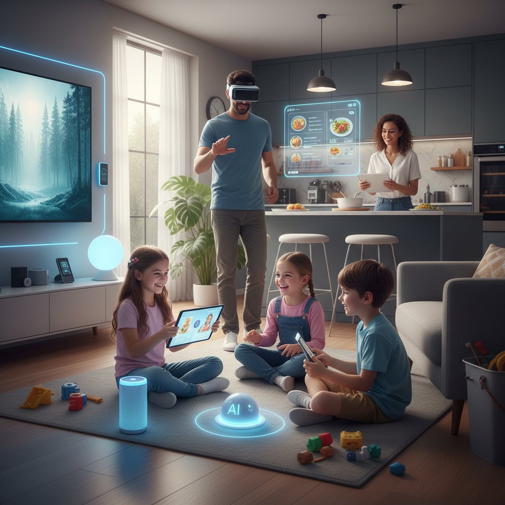 Rodzina korzystająca z urządzeń z AI w domu, symbolizująca moralność w codziennych technologiach