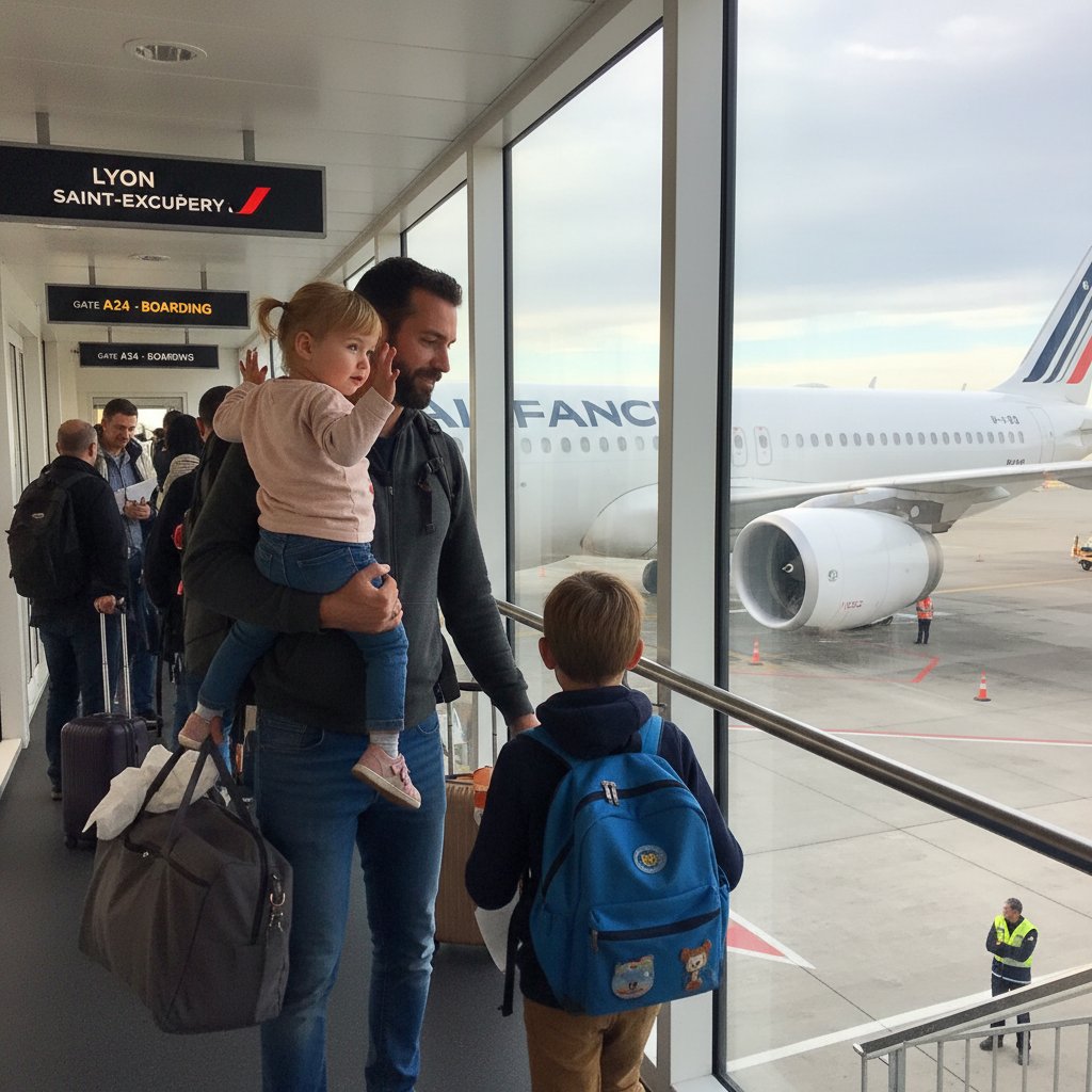 Rodzina na lotnisku przy bramce, czeka na lot do Lyonu, dzieci z plecakami