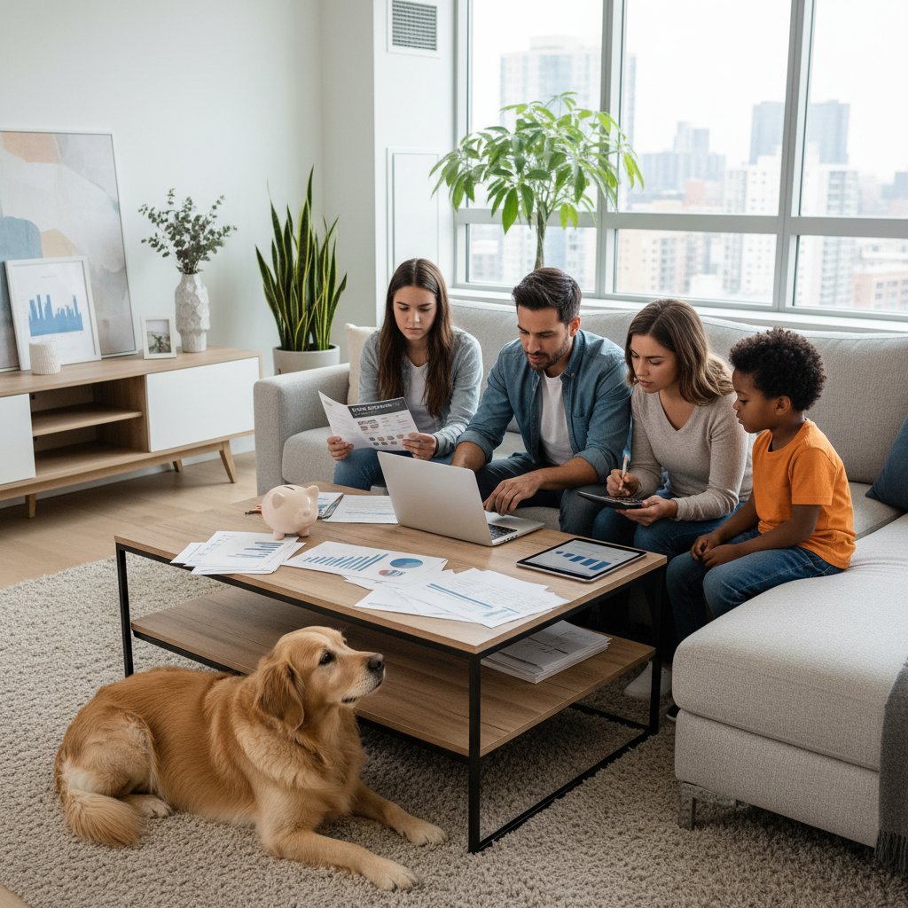 Rodzina analizująca koszty i obowiązki zakupu psa na tle nowoczesnego salonu
