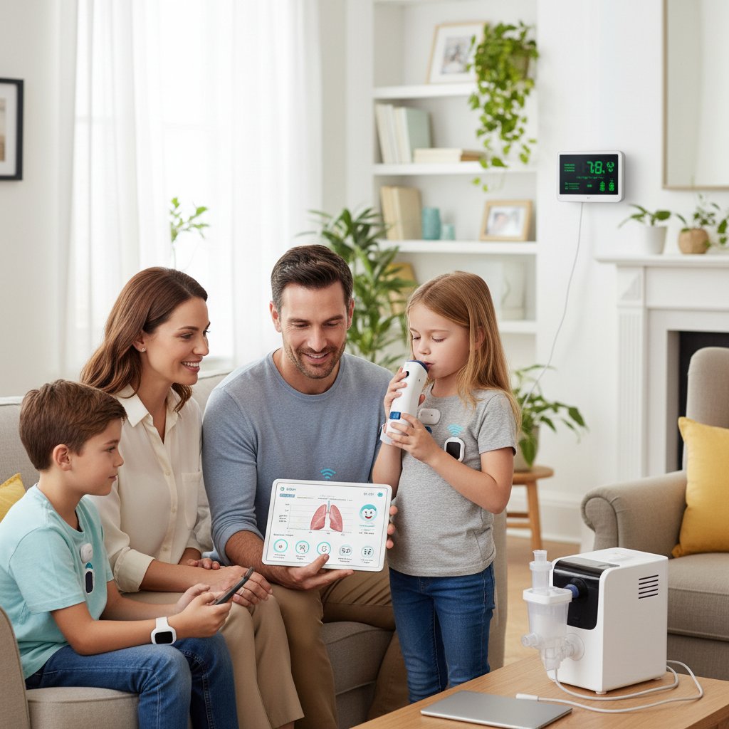 Rodzina korzysta z technologii monitorowania astmy w domu