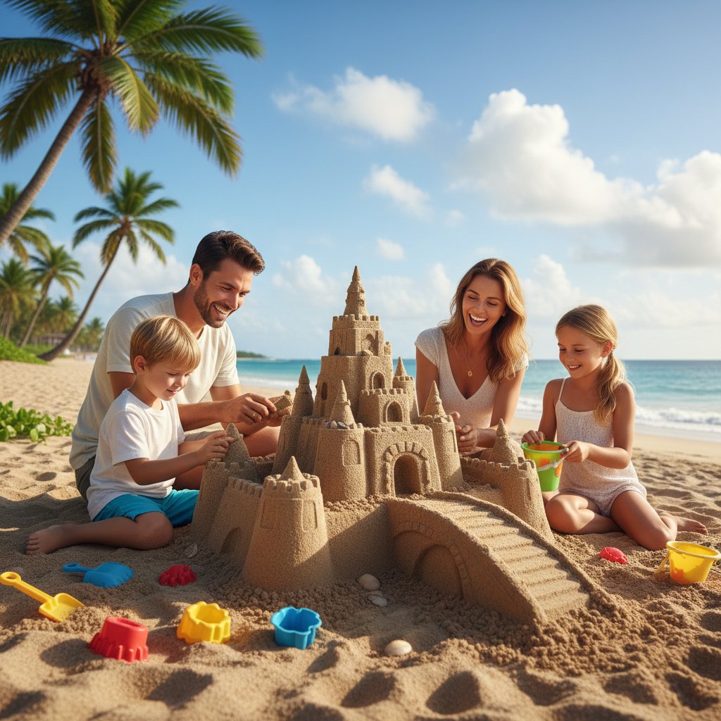 Rodzina na plaży, dzieci budują zamek z piasku, rodzice obserwują z uśmiechem i ulgą