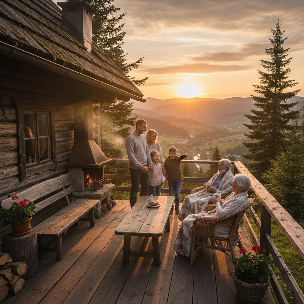 Rodzina na tarasie domku beskidzkiego o zachodzie słońca