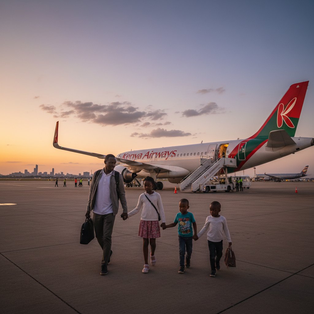 Family with children boarding Kenya Airways jet at dusk, modern terminal, warm lighting, excitement visible