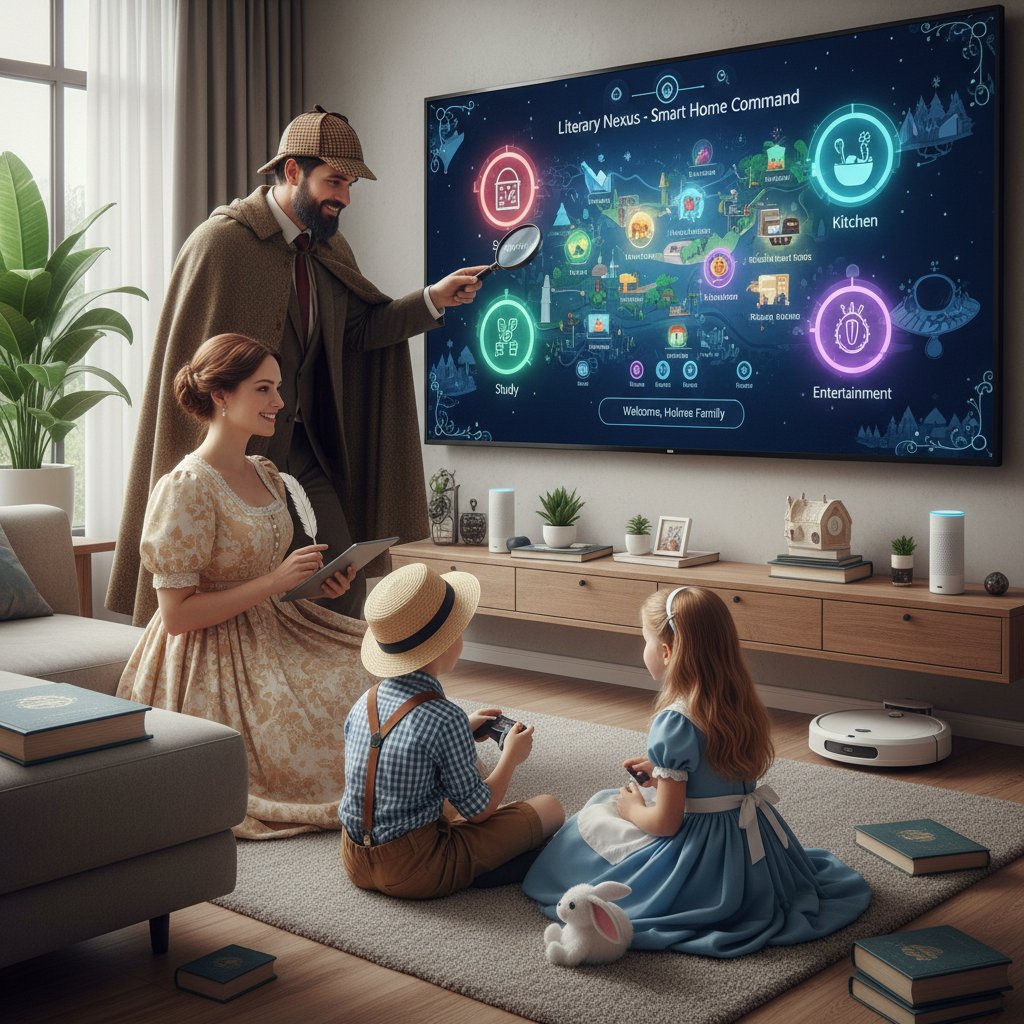 Rodzina rozmawiająca z postaciami książkowymi przez domowy inteligentny ekran