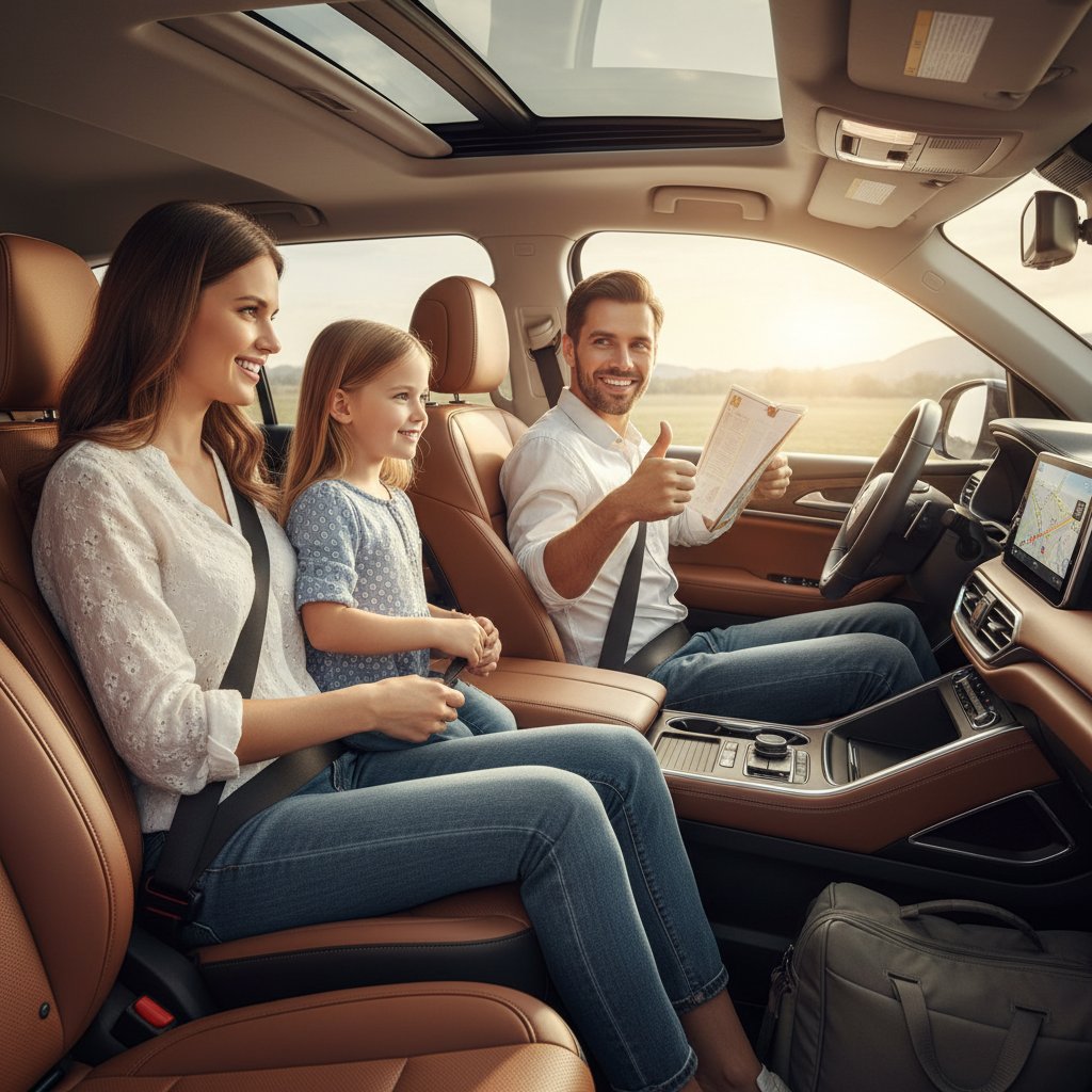 Family buckling seatbelts in a modern SUV, interior, natural sunlight, hopeful mood. Alt: Family preparing for a safe drive, car safety ratings comparison, peace of mind