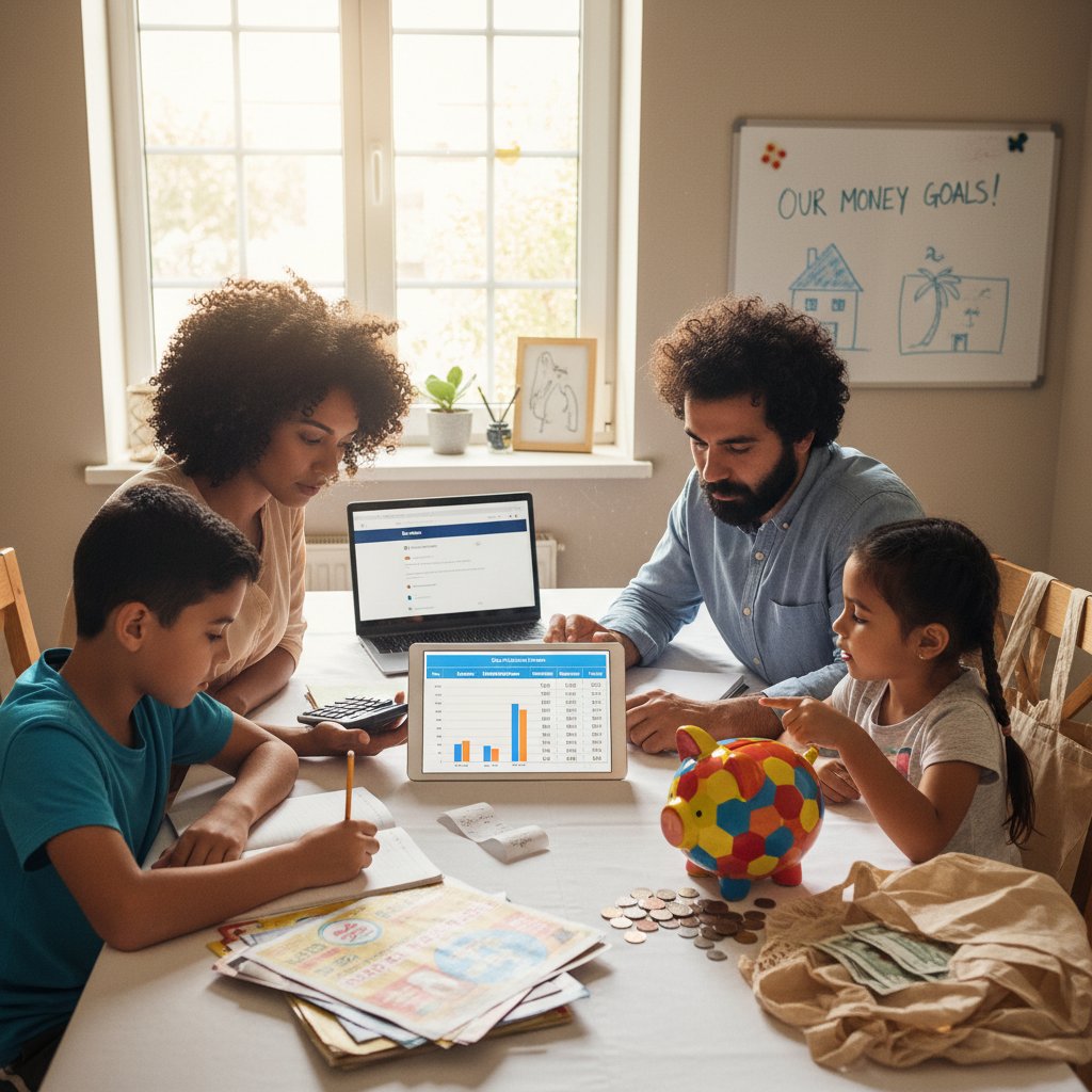 Rodzina analizująca budżet domowy, matematyka obecna w życiu codziennym