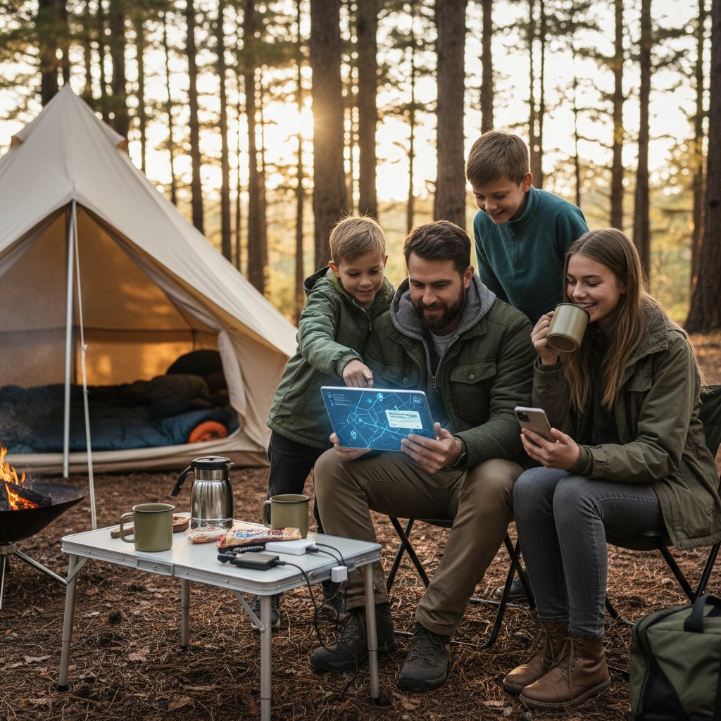 Rodzina używa tabletu do rezerwacji kempingu, na stole obok leżą mapy i kubki kawy