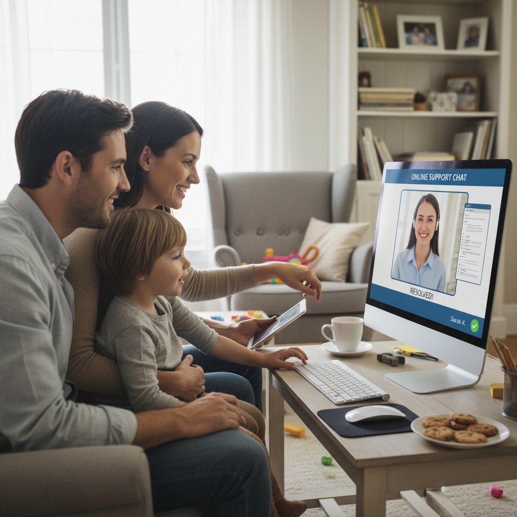 Rodzina i dziecko przed komputerem, korzystający z pomocy online, symbolizujący nowe możliwości wsparcia