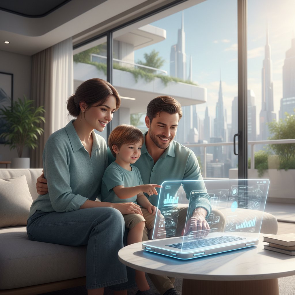 Rodzina z dzieckiem korzystająca z laptopa, wspólne rodzinne planowanie przyszłości