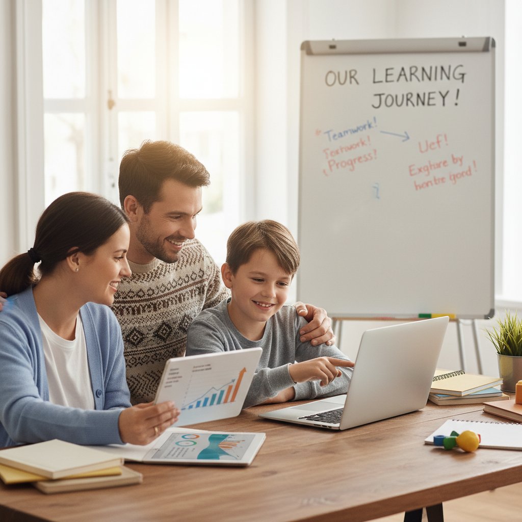 Rodzina przy stole, dziecko korzysta z laptopa do nauki, rodzice wspierają i obserwują postępy