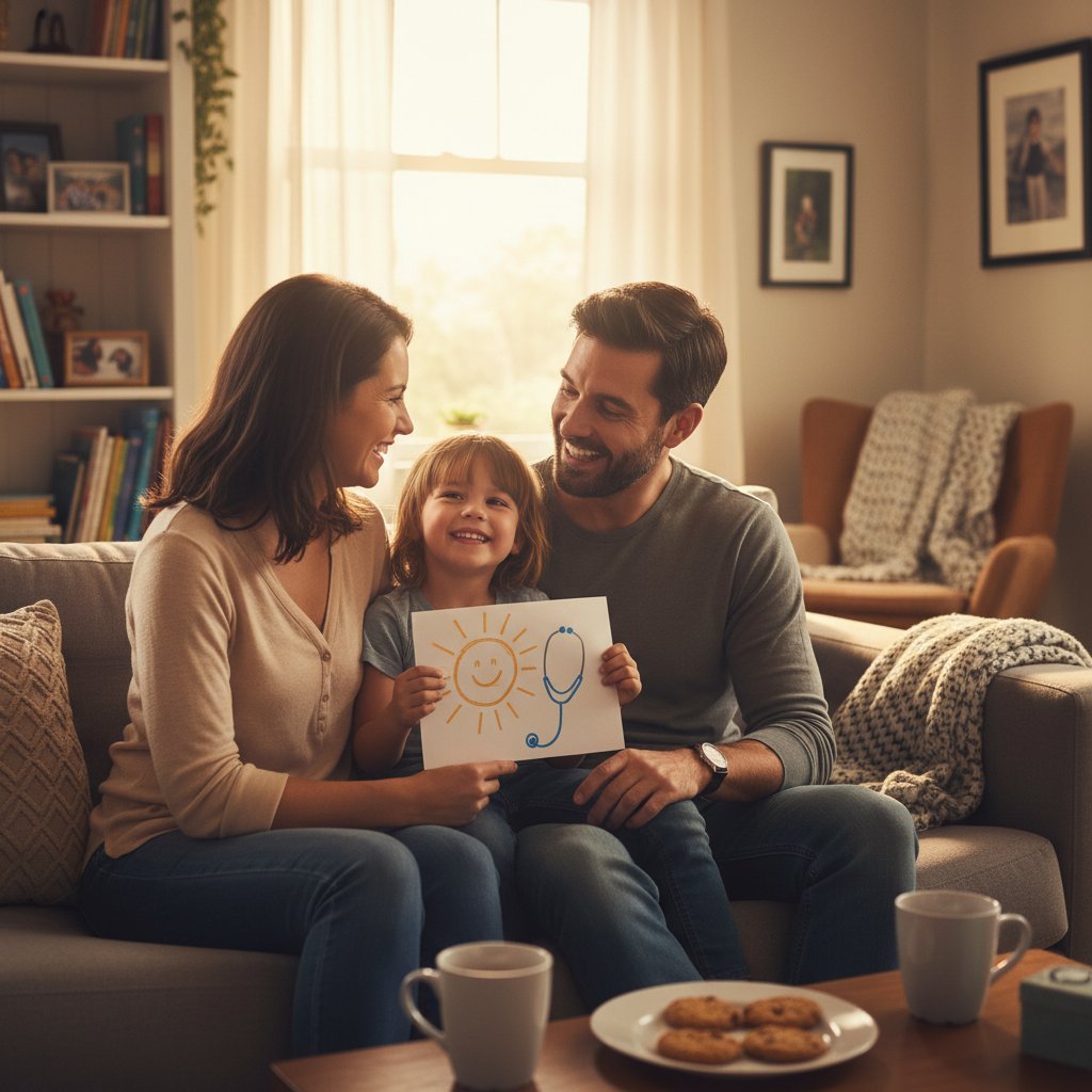 Rodzina otaczająca dziecko po diagnozie mowy, ciepłe światło, bliskość emocjonalna