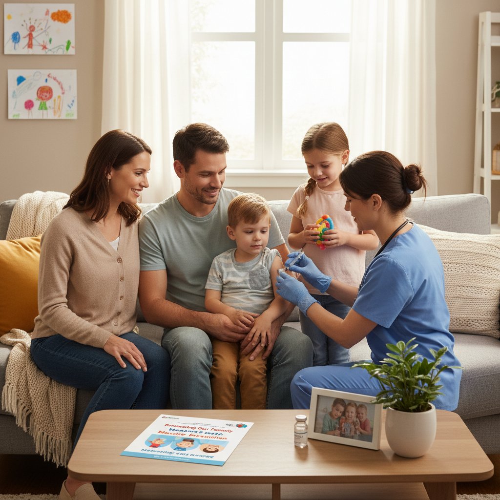 Rodzina w domu, szczepienie dzieci, profilaktyka odry, radość i poczucie bezpieczeństwa