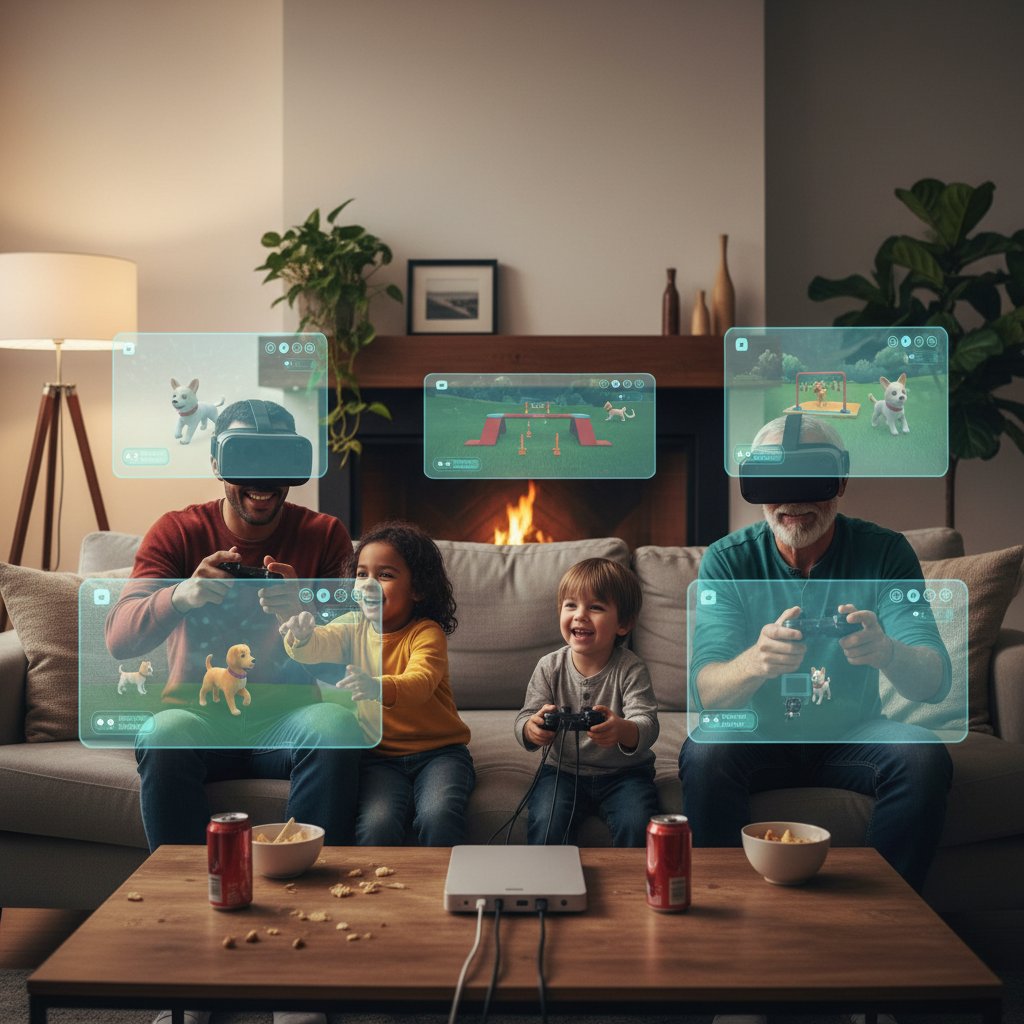 Rodzina (dziecko, rodzice, dziadek) gra razem w symulator adopcji psa na dużym ekranie