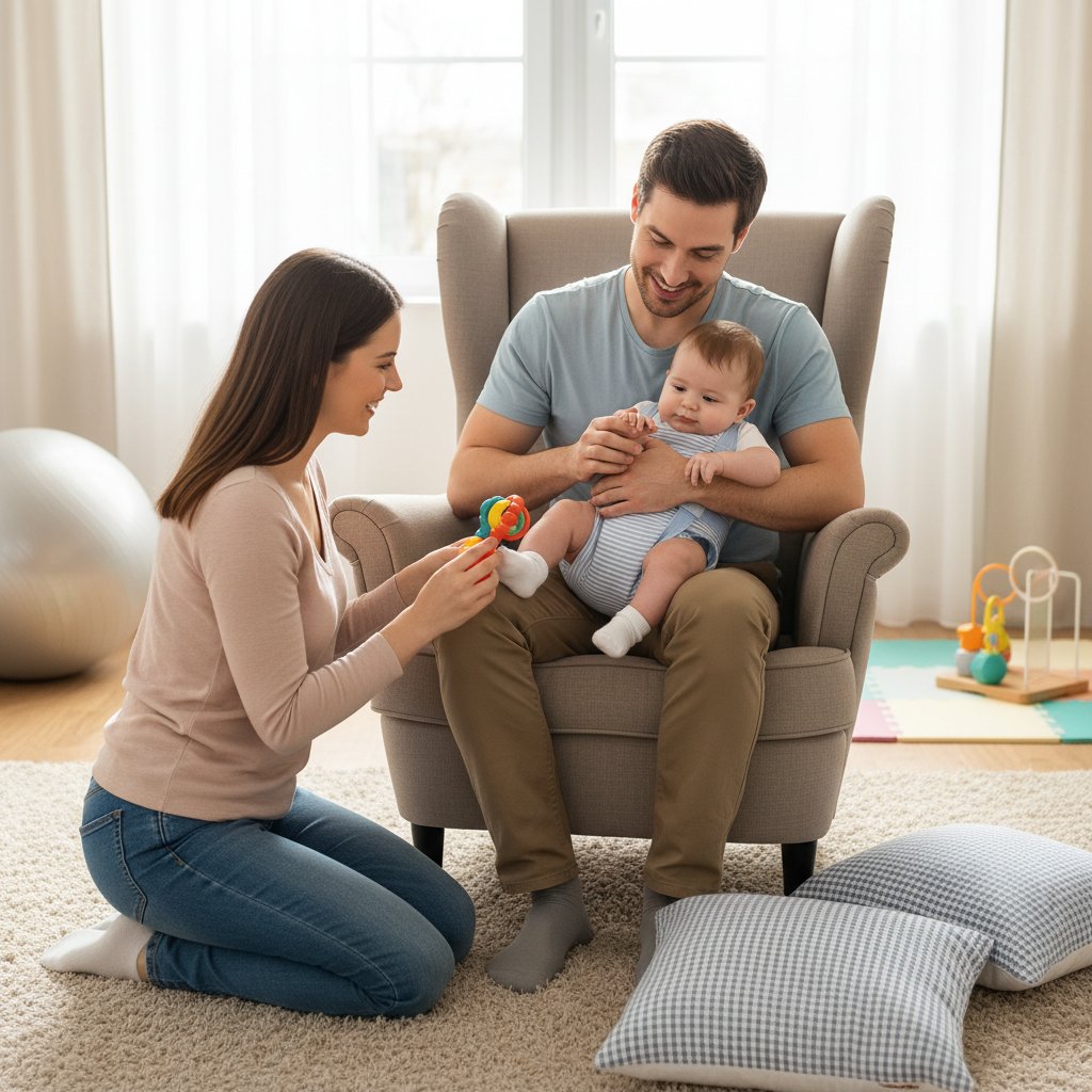 Rodzina podczas rehabilitacji z dzieckiem noszącym szynę Pavlika; słowa kluczowe: życie z dysplazją biodrową, rodzina, wsparcie, historia sukcesu