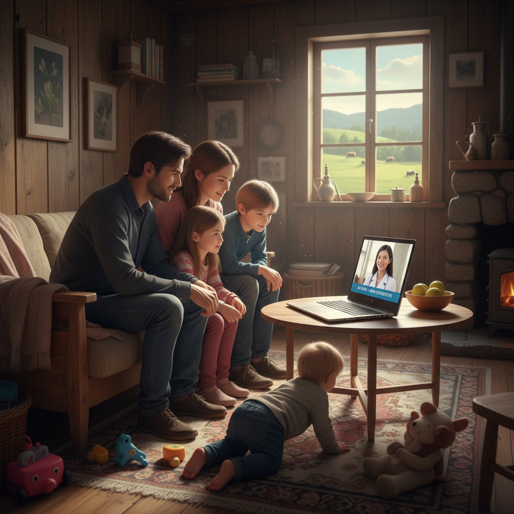Rodzina z dziećmi korzystająca z konsultacji online w domu na wsi, laptop na stole