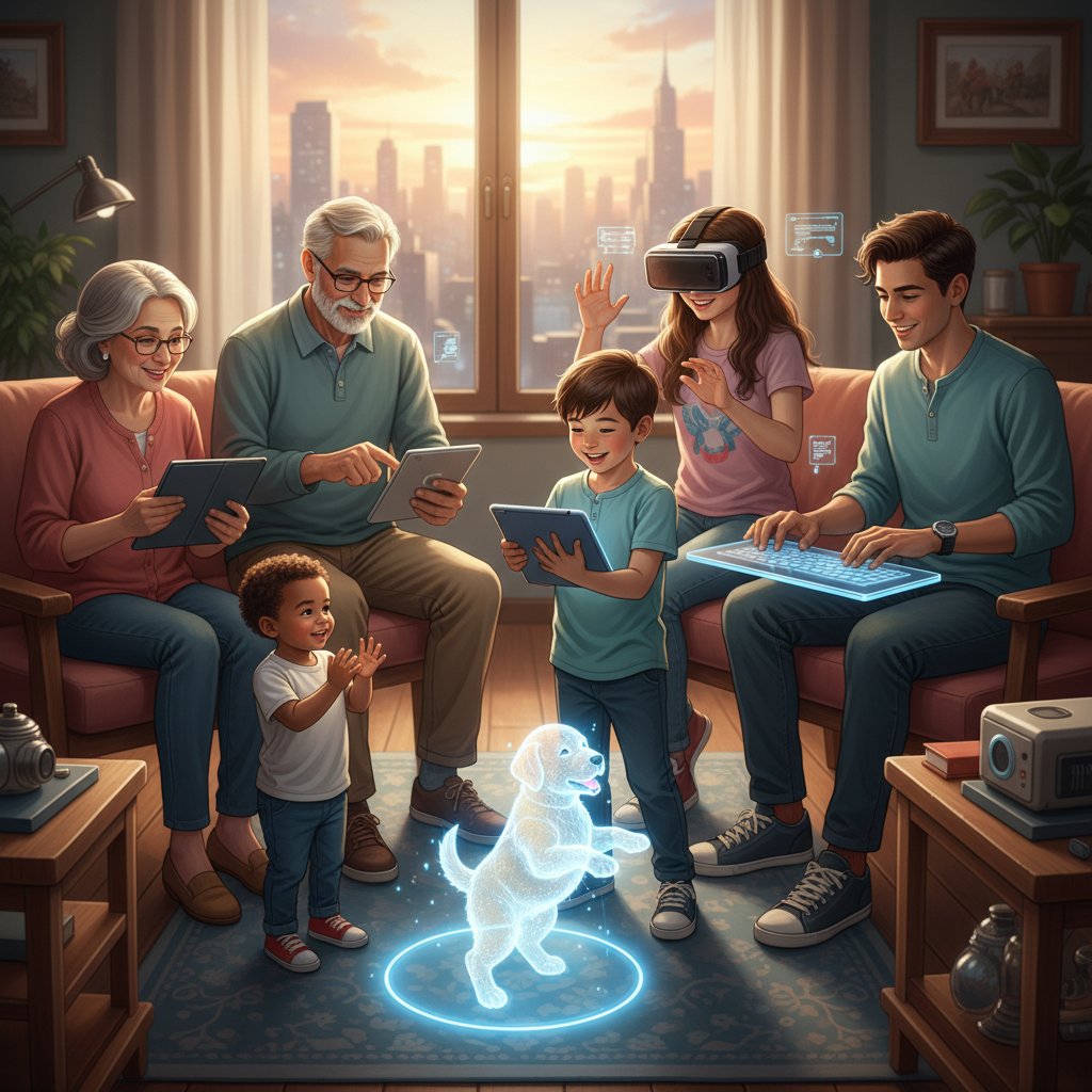 Rodzina z dziećmi, senior i młody dorosły, wszyscy korzystający z aplikacji z wirtualnym psem na różnych urządzeniach – różnorodność użytkowników