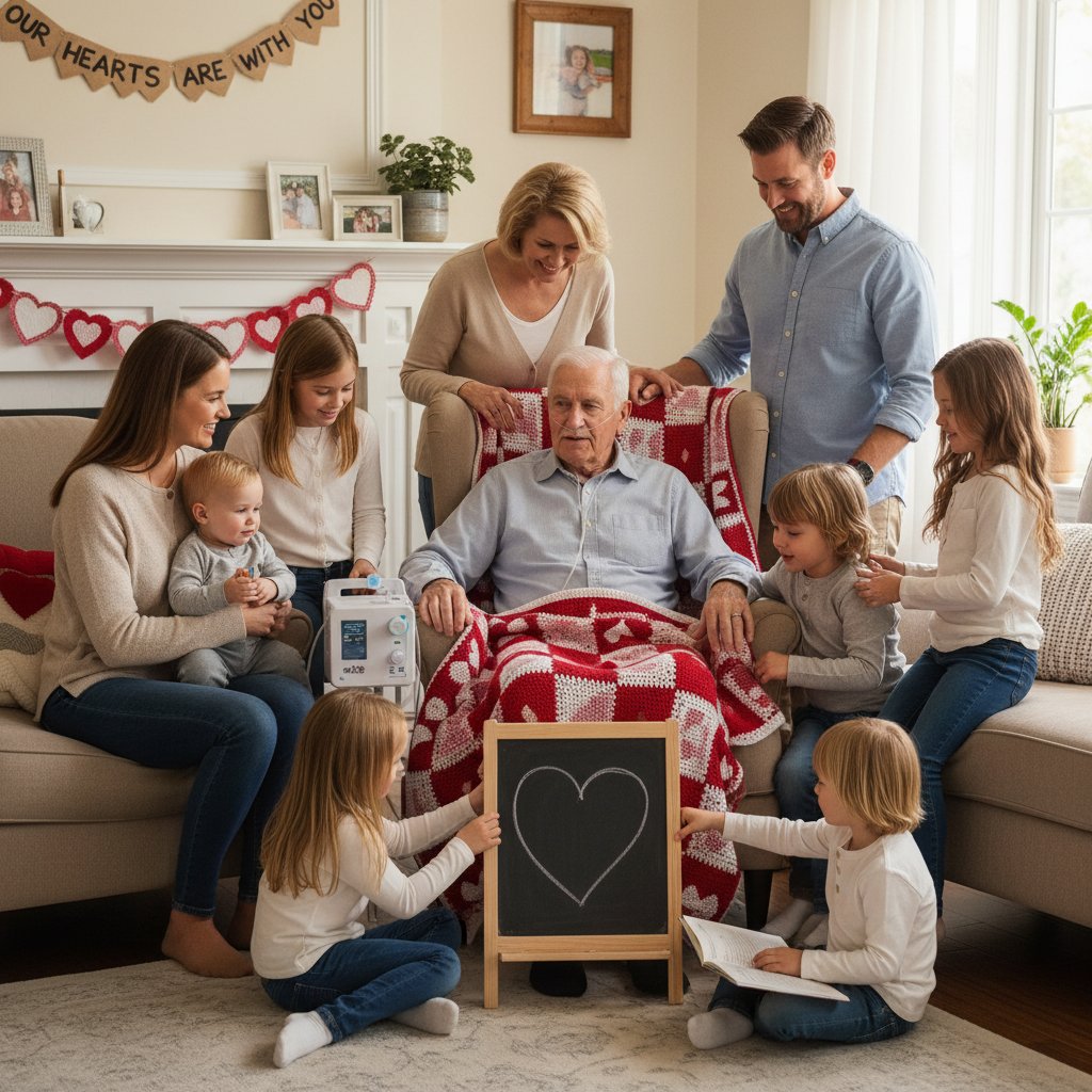 Rodzina spędza czas razem, dzieci rozmawiają z dziadkiem z chorobą serca, ciepła, wspierająca atmosfera