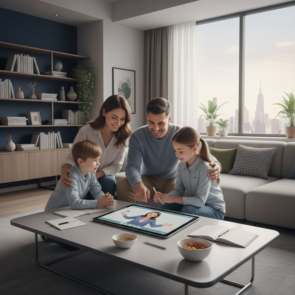 Rodzina wybierająca platformę korepetycji online, skupienie na ekranie laptopa, nowoczesne wnętrze