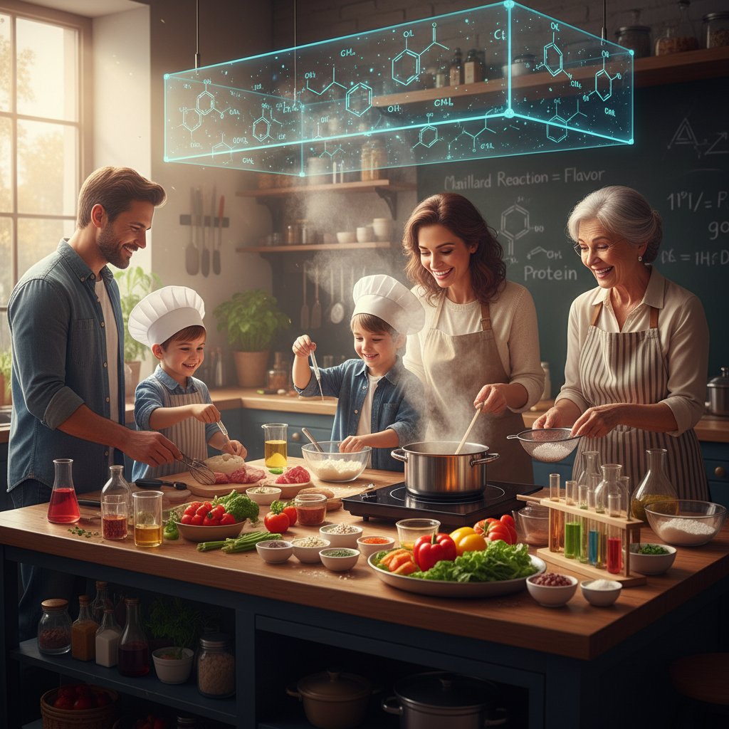 Rodzina w kuchni gotująca wspólnie, nauka chemii w praktyce, radosna atmosfera