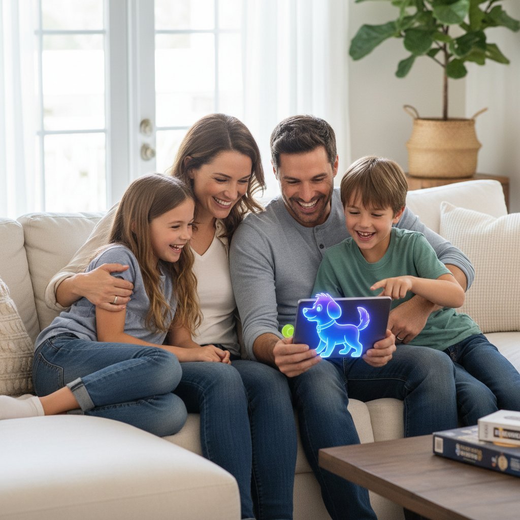 Rodzina siedząca na kanapie z tabletem, wirtualny pies na ekranie, wszyscy uśmiechnięci – nowy wymiar relacji