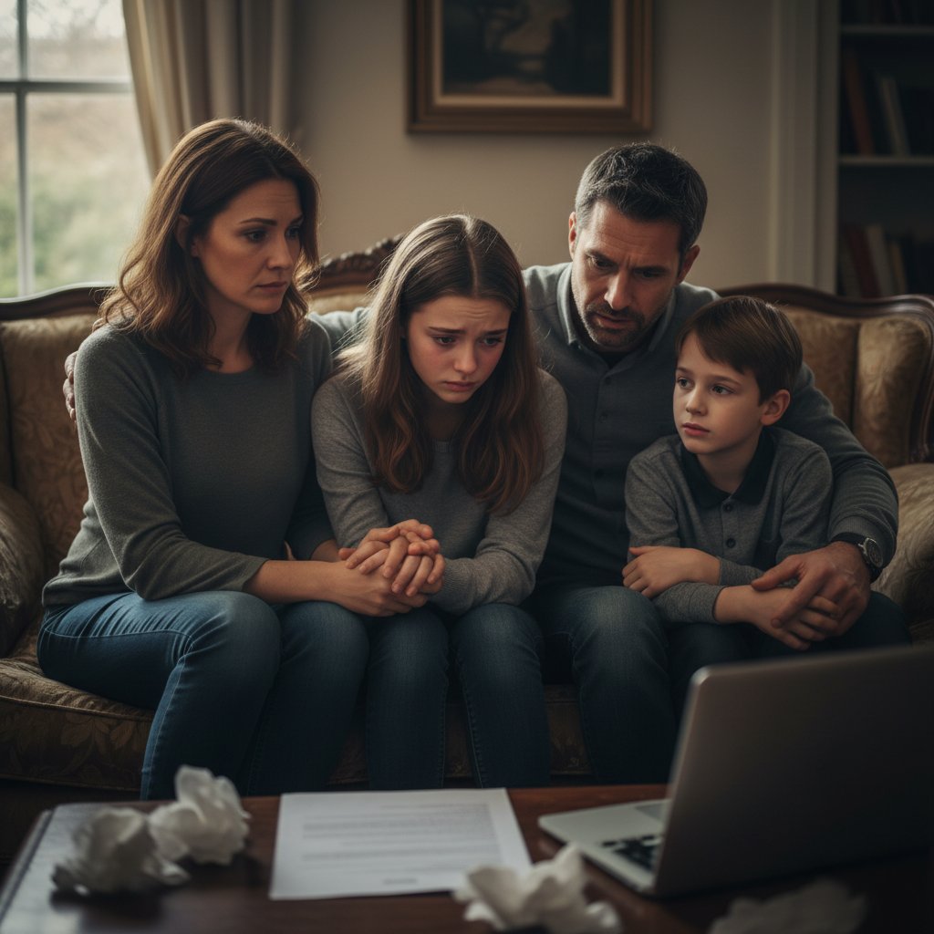 Rodzina siedząca razem na kanapie, wyraźna atmosfera napięcia i troski – wpływ choroby na najbliższych