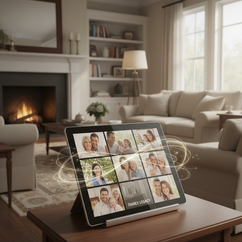 Family reflecting on a digital memorial biography example, viewing a tablet in a living room, soft reflective mood