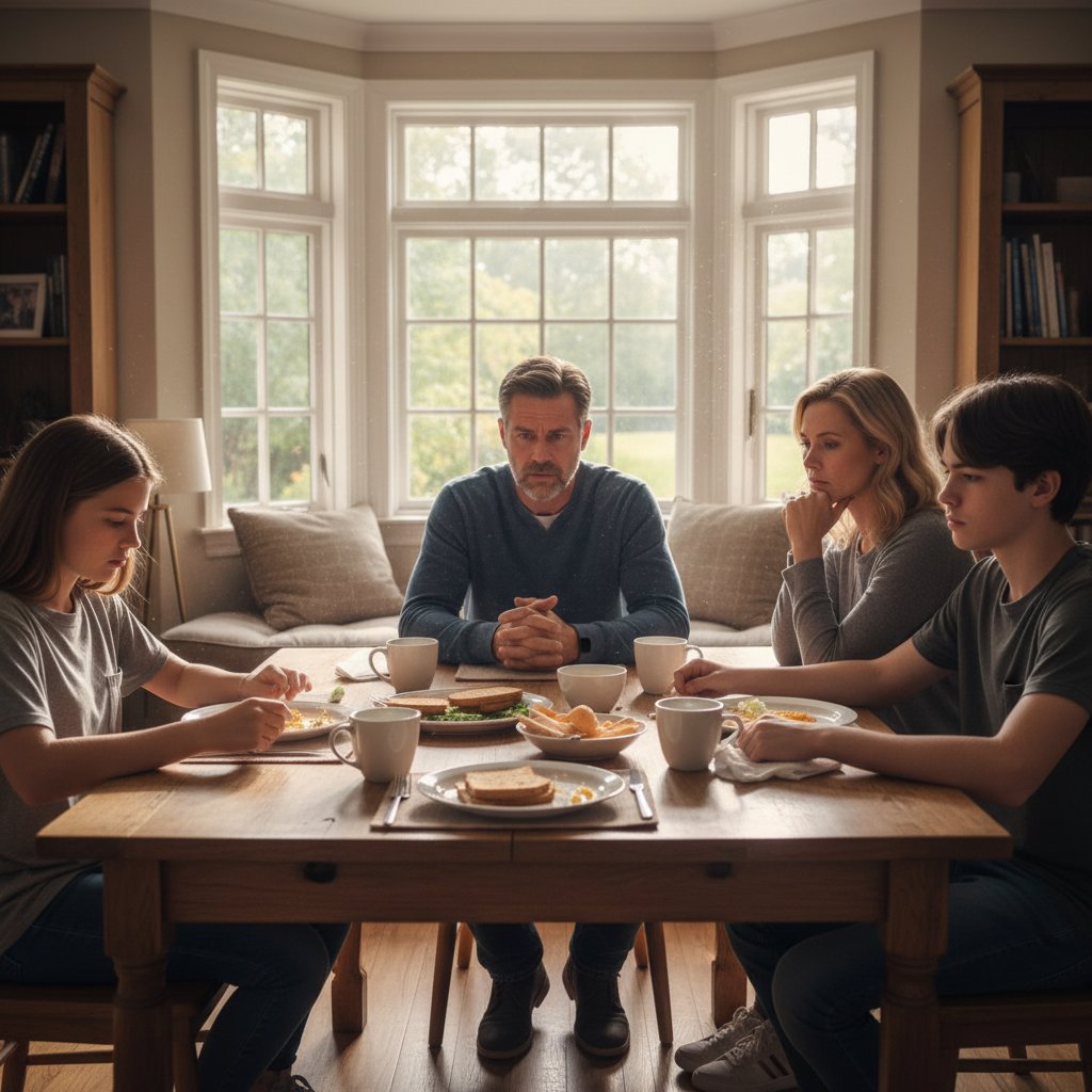Rodzina siedząca razem przy stole, rozmowa w poważnej atmosferze, światło dzienne, dom