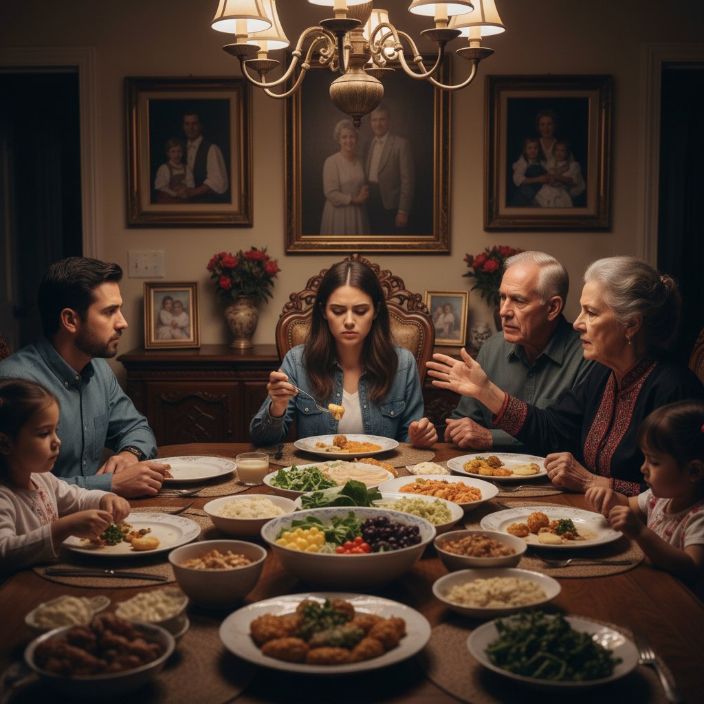 Rodzina przy stole, presja społeczna, różne pokolenia