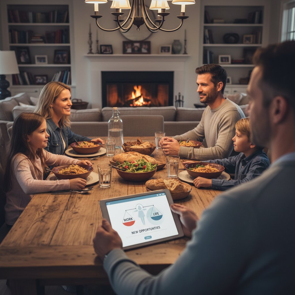 Rodzina jedząca wspólnie kolację po powrocie z pracy, harmonia między życiem zawodowym a prywatnym