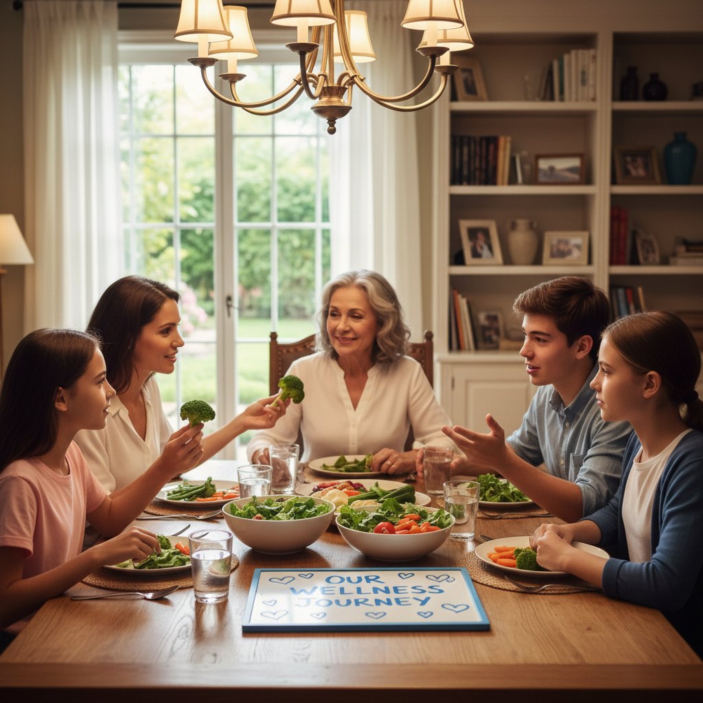 Rodzina rozmawiająca przy stole o tematach zdrowotnych, wspierające relacje