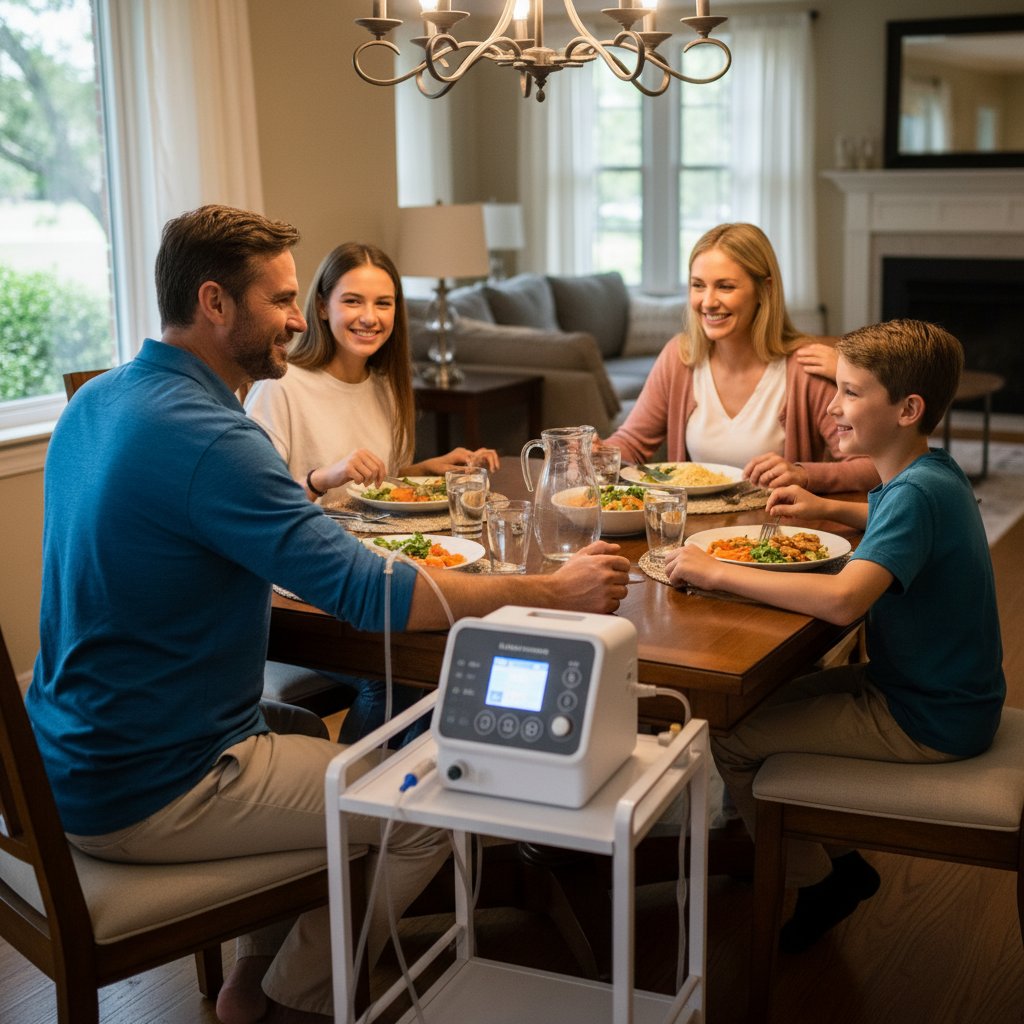 Rodzina przy wspólnym stole, w tle aparatura do dializy, atmosfera ciepła i wsparcia