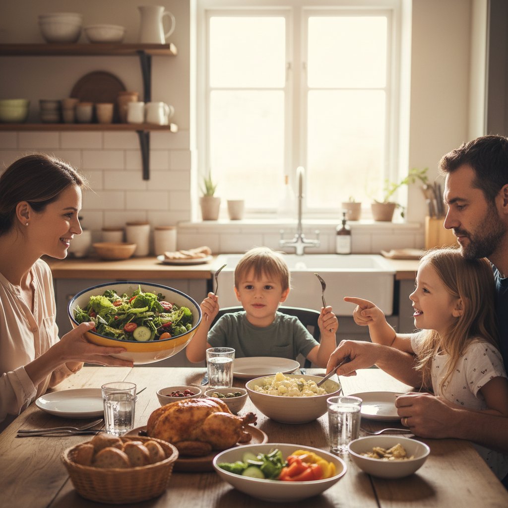 Rodzina przy stole, jedna osoba wybiera sałatkę zamiast tradycyjnego obiadu – symbol wsparcia i oporu