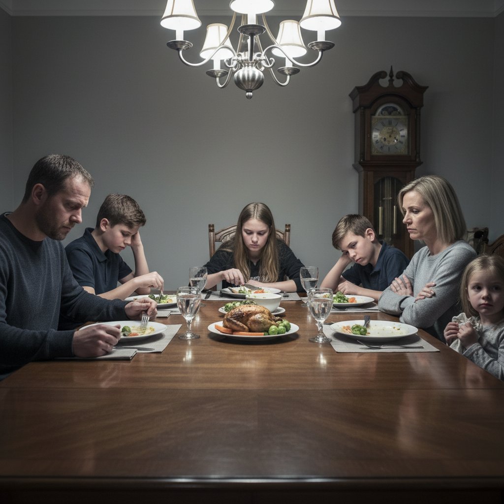 Rodzina przy stole, napięta atmosfera – metafora trójkąta dramatycznego w domu