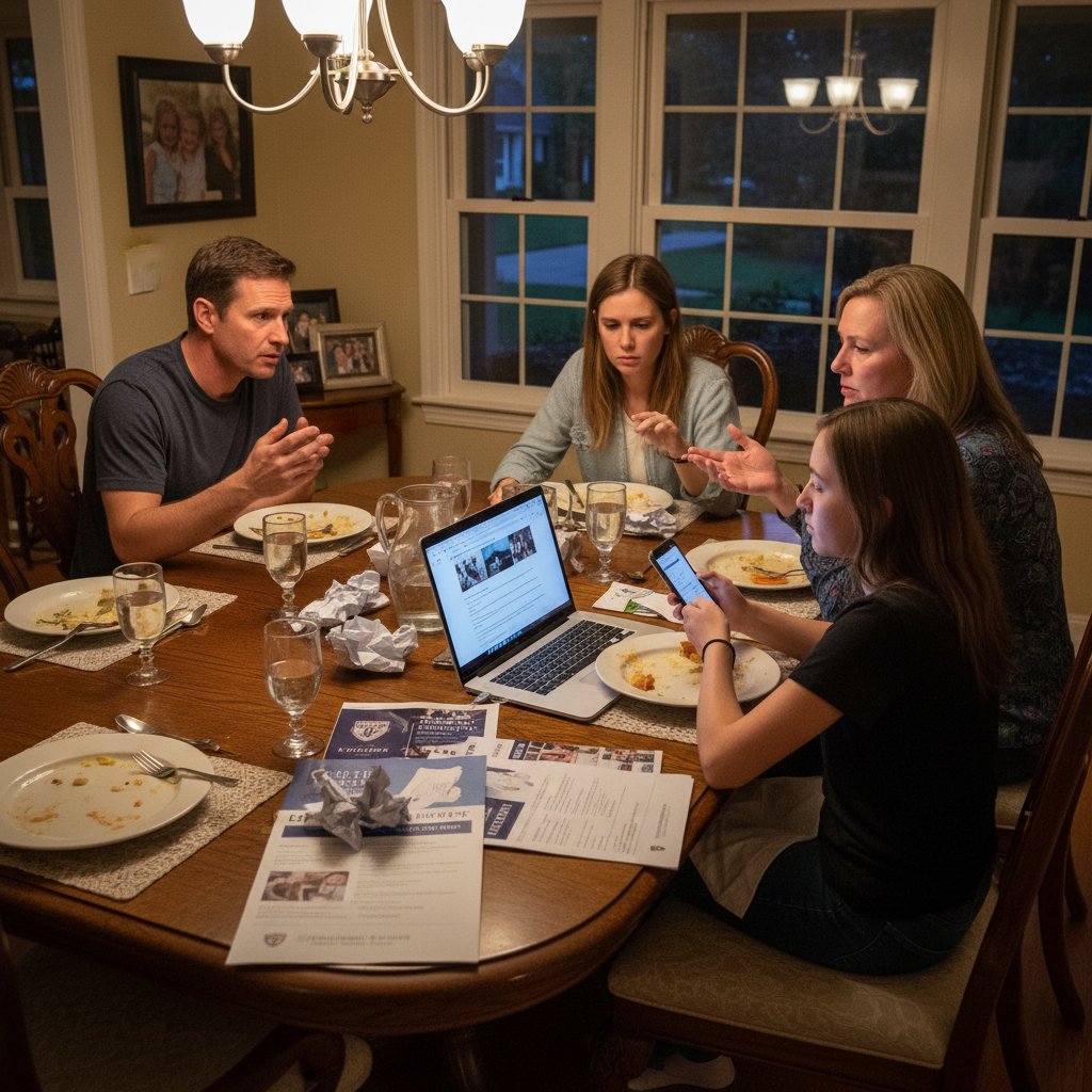 Rodzina przy stole, rozmawiająca o wyborze studiów przez dziecko, wyraźna presja społeczna