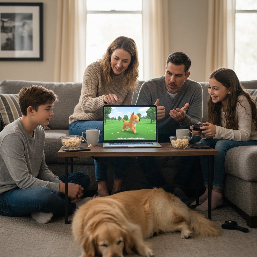 Rodzina wspólnie omawia wyniki z symulatora psa, laptop na środku stołu