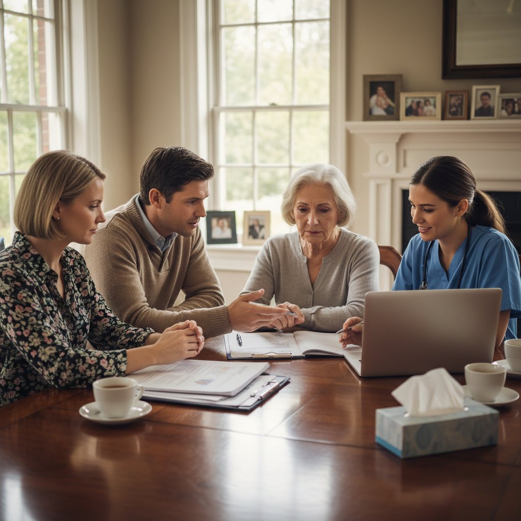 Rodzina omawiająca plan opieki z opiekunem