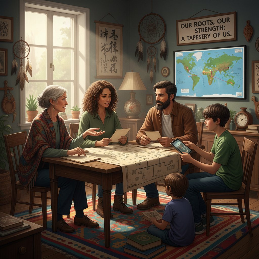 Rodzina przy stole omawiająca różnice w pochodzeniu i tożsamości – społeczne podziały w genealogii