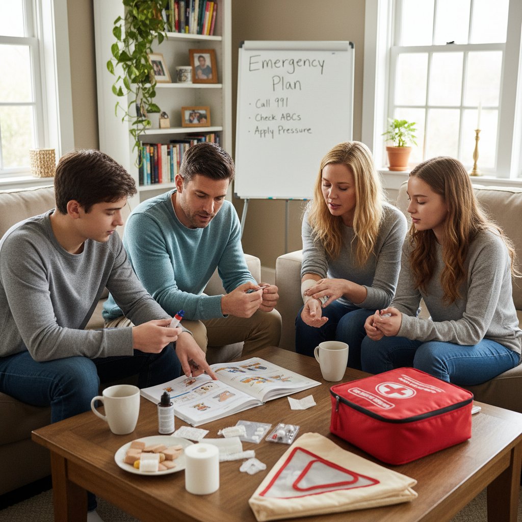 Rodzina rozmawiająca przy stole, na ekranie widać kurs pierwszej pomocy