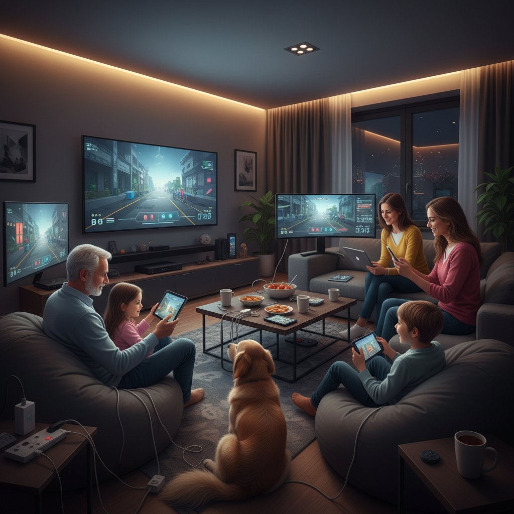 Rodzina różnych pokoleń uczy psa przez internet